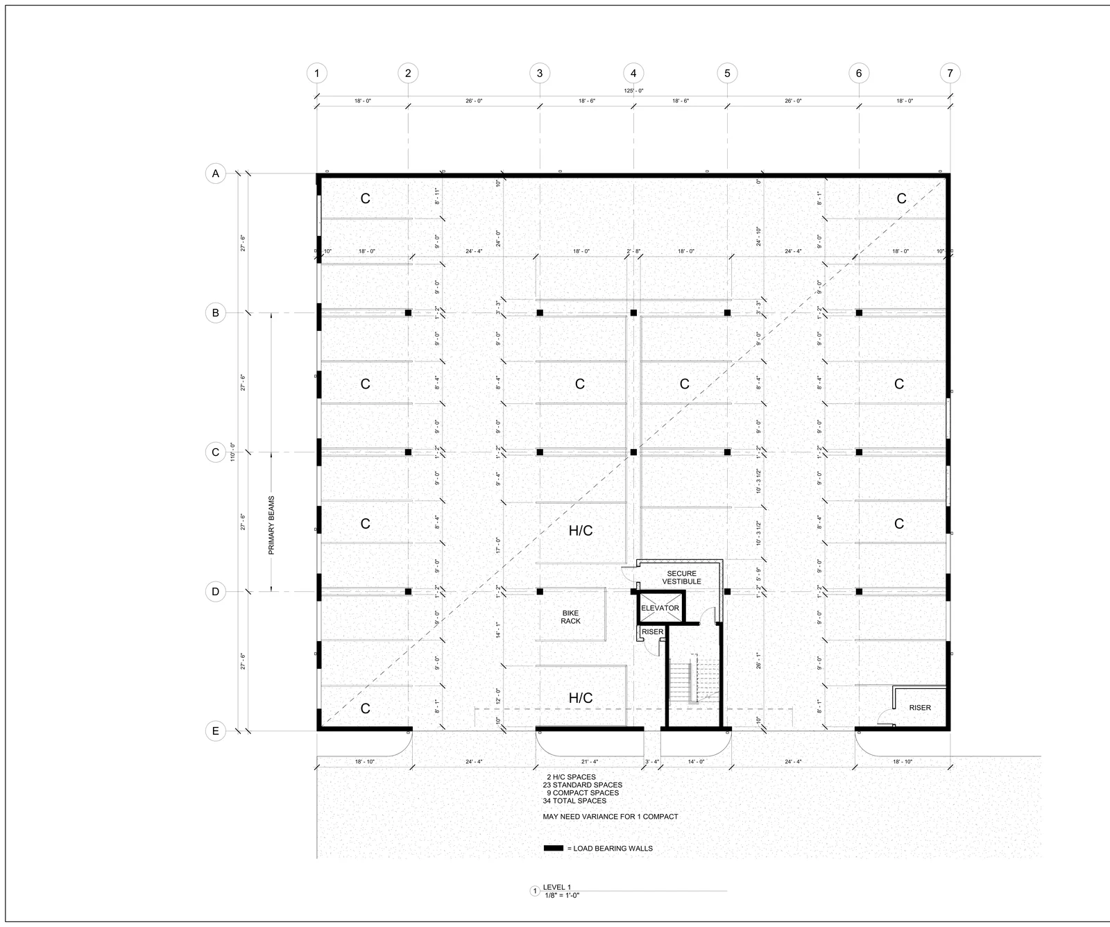 Level 1 floor plan: structured parking, 34 spaces