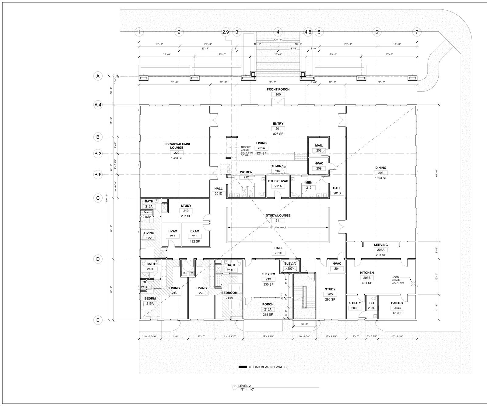 Level 2 floor plan: entry, dining, kitchen, library and alumni lounge