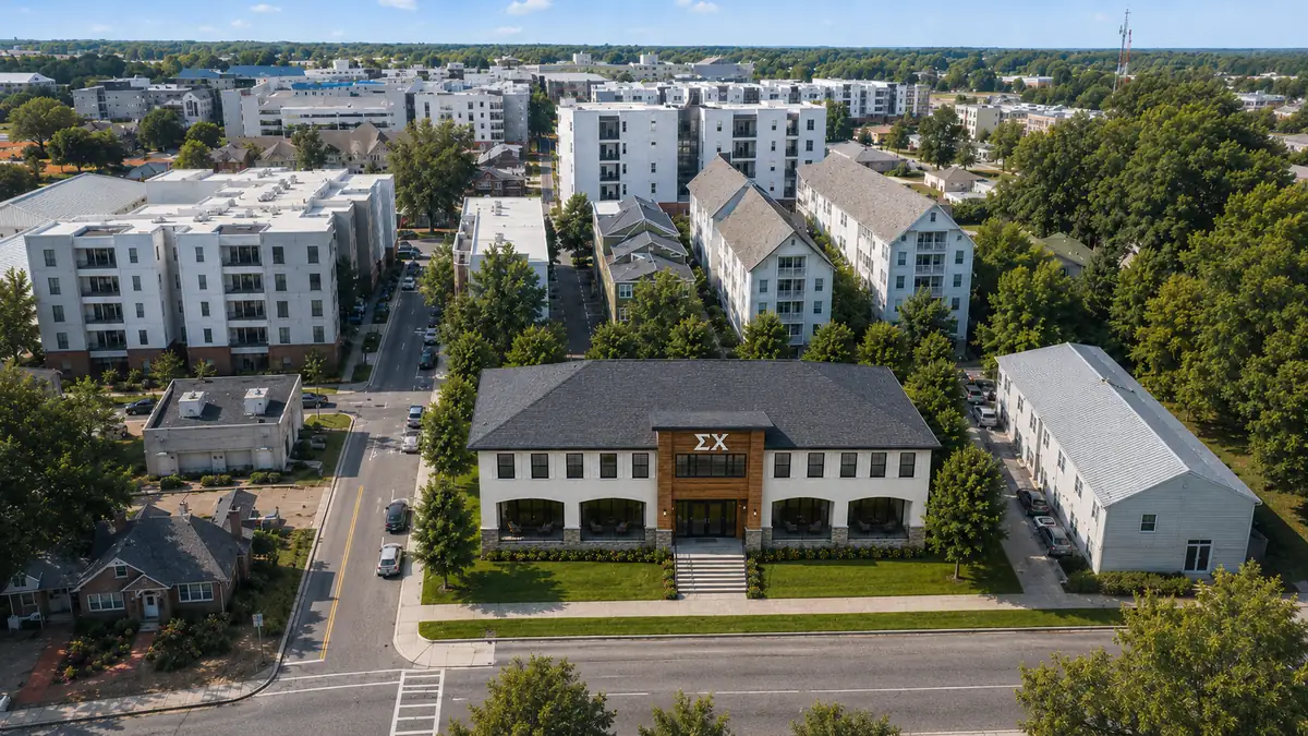 Aerial render of the new chapter house, Wood facade
