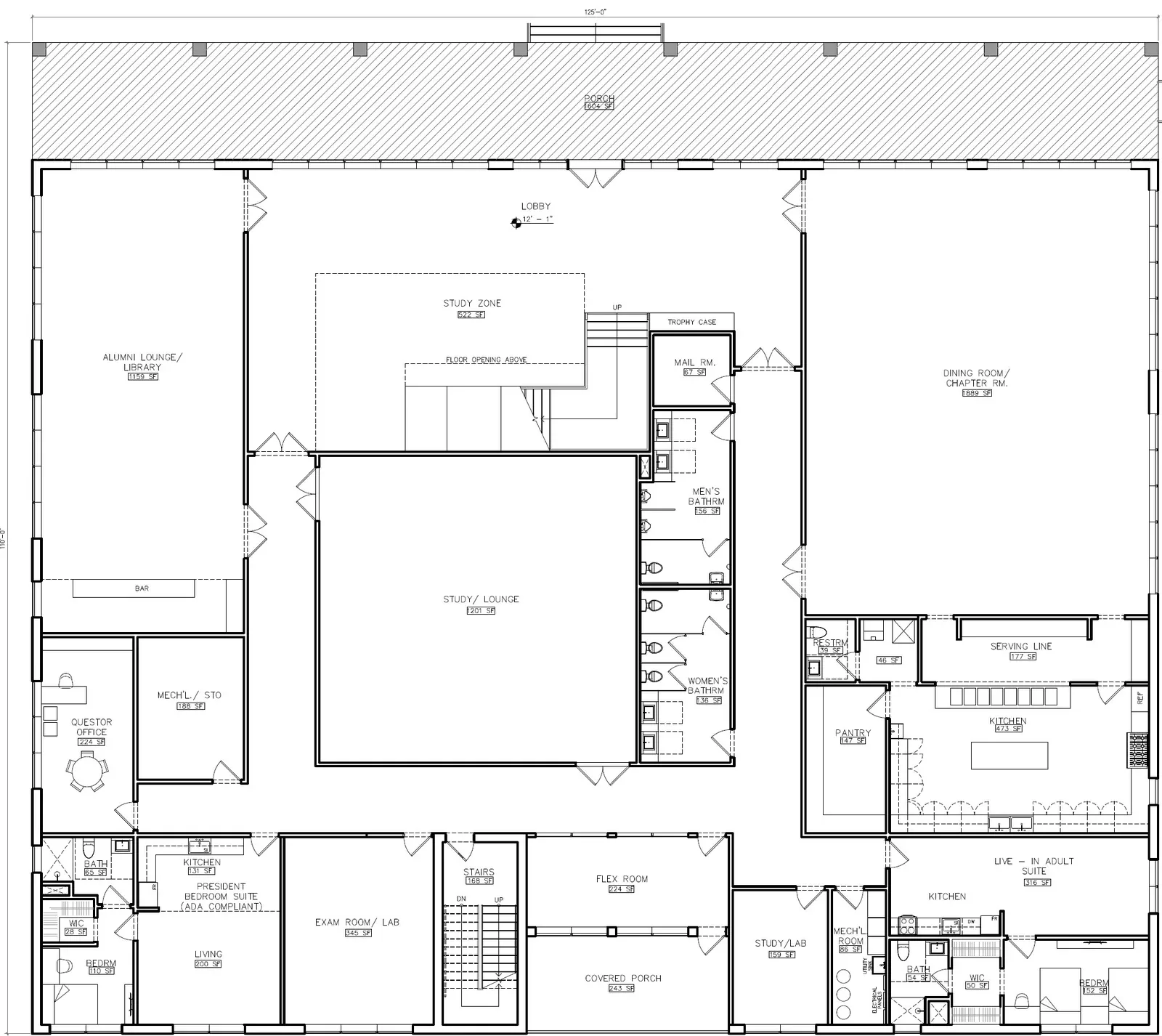 First floor plan with kitchen, library, conference room, and Consul Suite