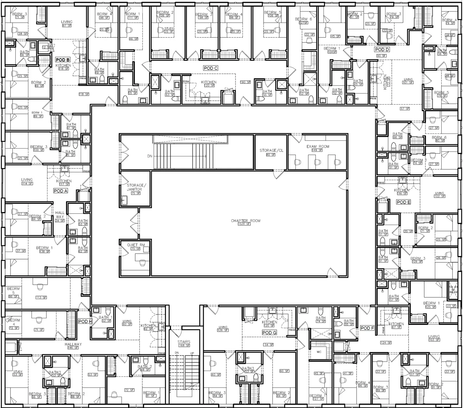Second floor plan showing the 4x4 bedroom pods around a central courtyard