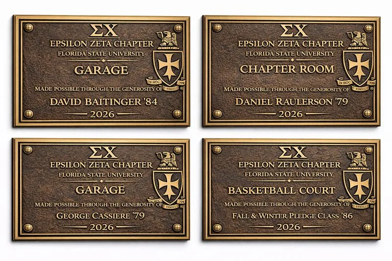 Bronze dedication plaques engraved with Epsilon Zeta chapter crest