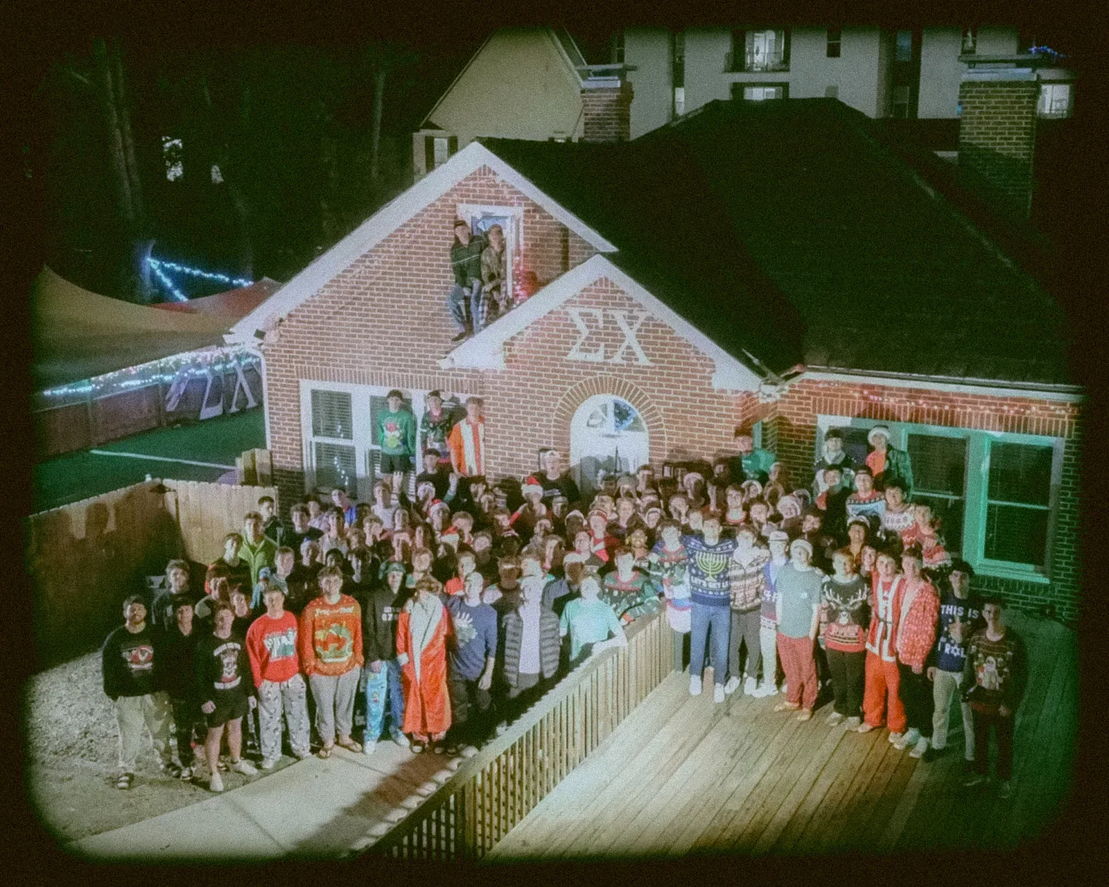 The Epsilon Zeta chapter gathered in front of the chapter house for the 2025 holiday photo